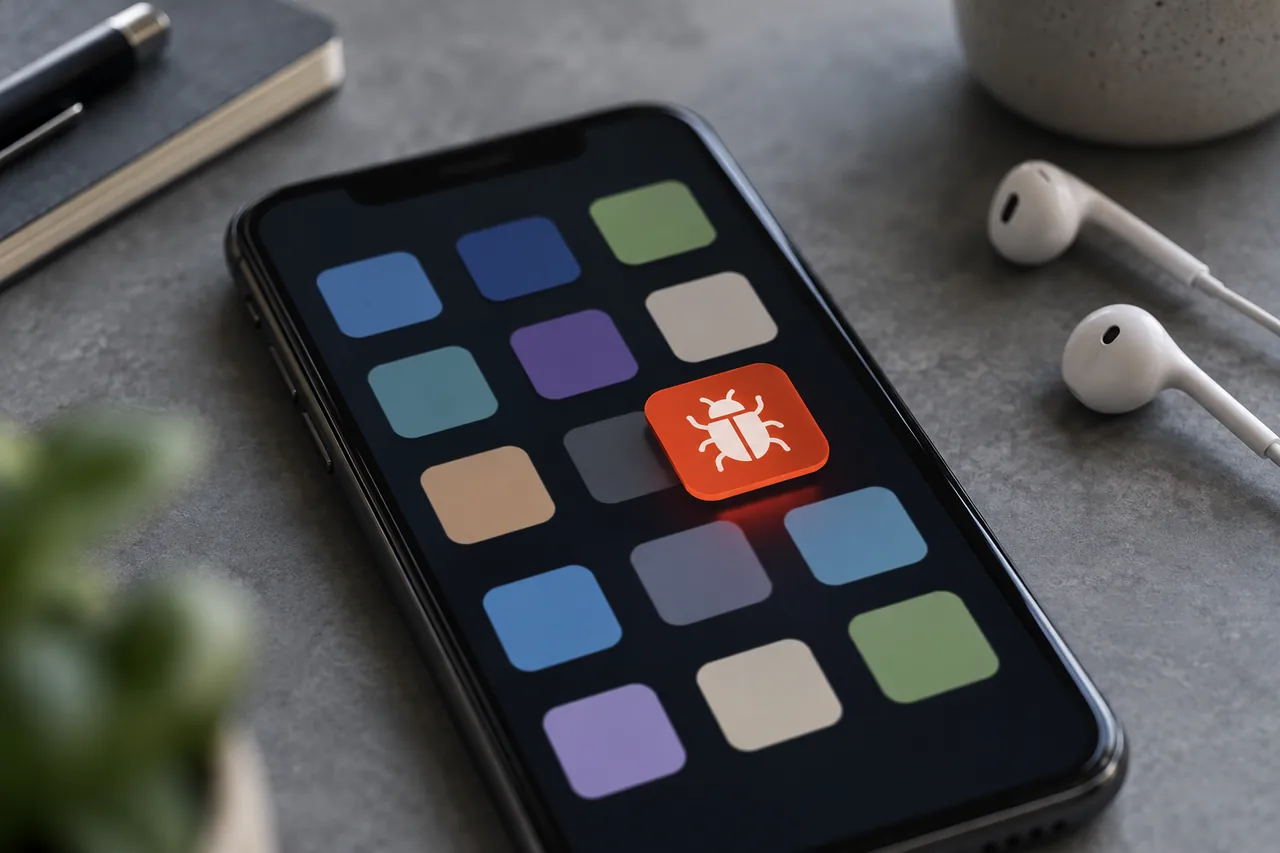 Illustratie van een smartphone met een waarschuwingssymbool tussen de apps | ASK mobiele vernietiging Illustratie van een smartphone met een waarschuwingssymbool tussen de apps