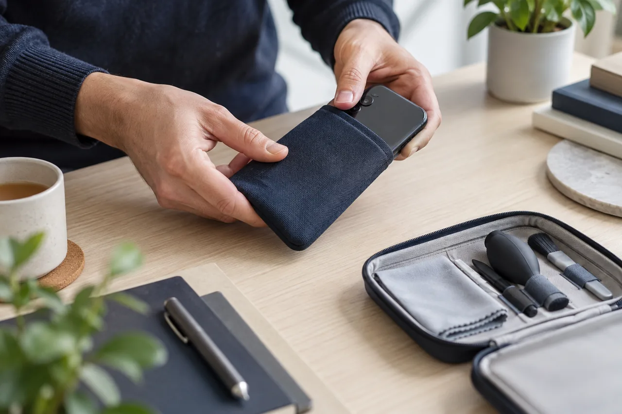 Illustratie van iemand die een smartphone in een beschermhoes doet