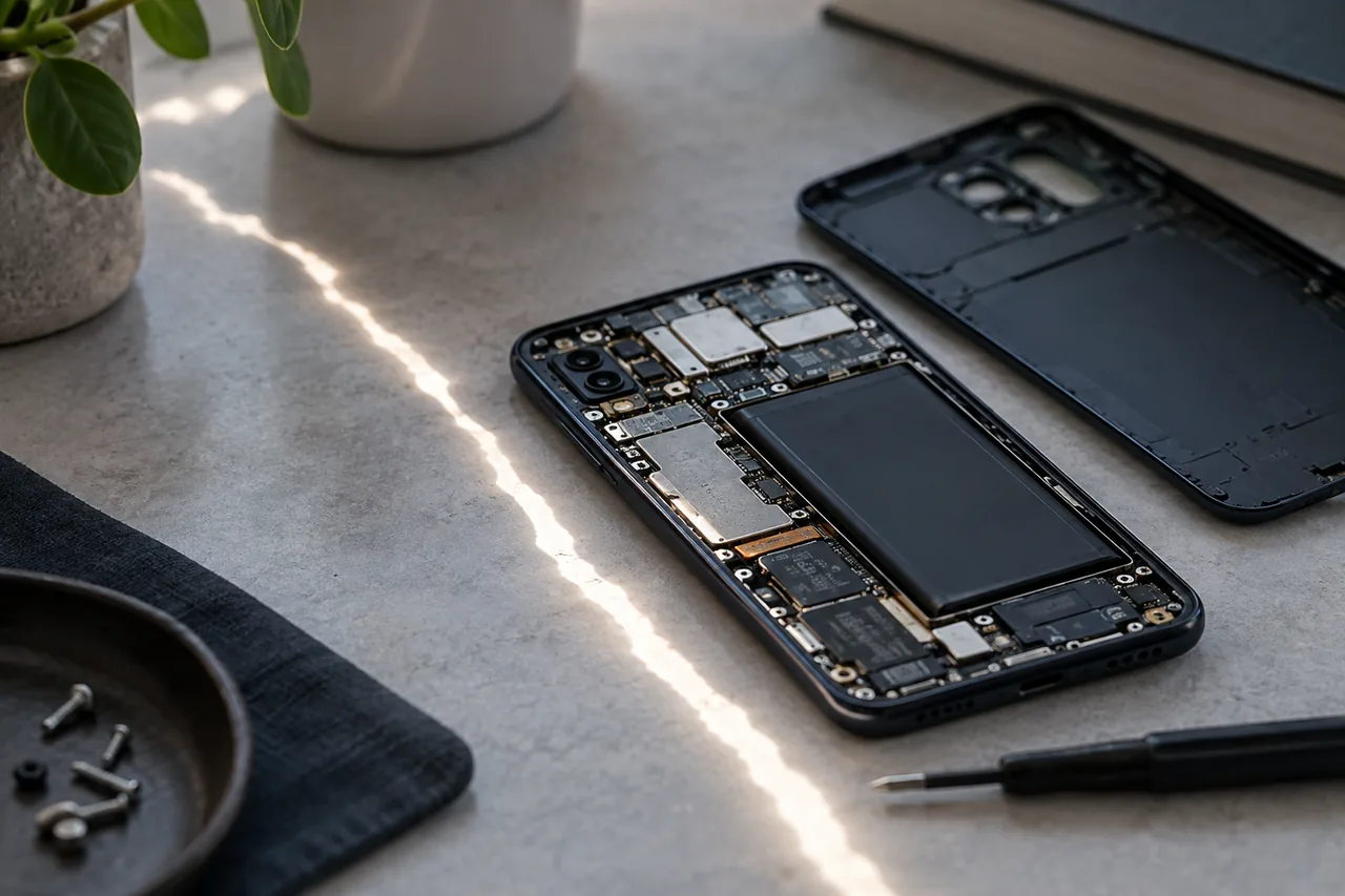 Illustratie van een geopende smartphone met zichtbare printplaat | ASK mobiele vernietiging Illustratie van een geopende smartphone met zichtbare printplaat