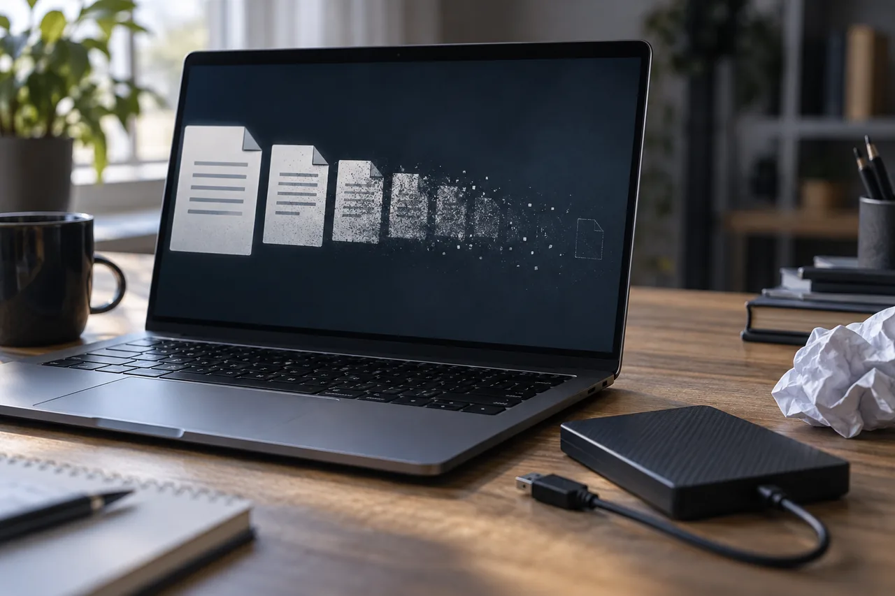 Illustratie van documenten die op een laptopscherm in digitale deeltjes uiteenvallen | ASK mobiele vernietiging Illustratie van documenten die op een laptopscherm in digitale deeltjes uiteenvallen