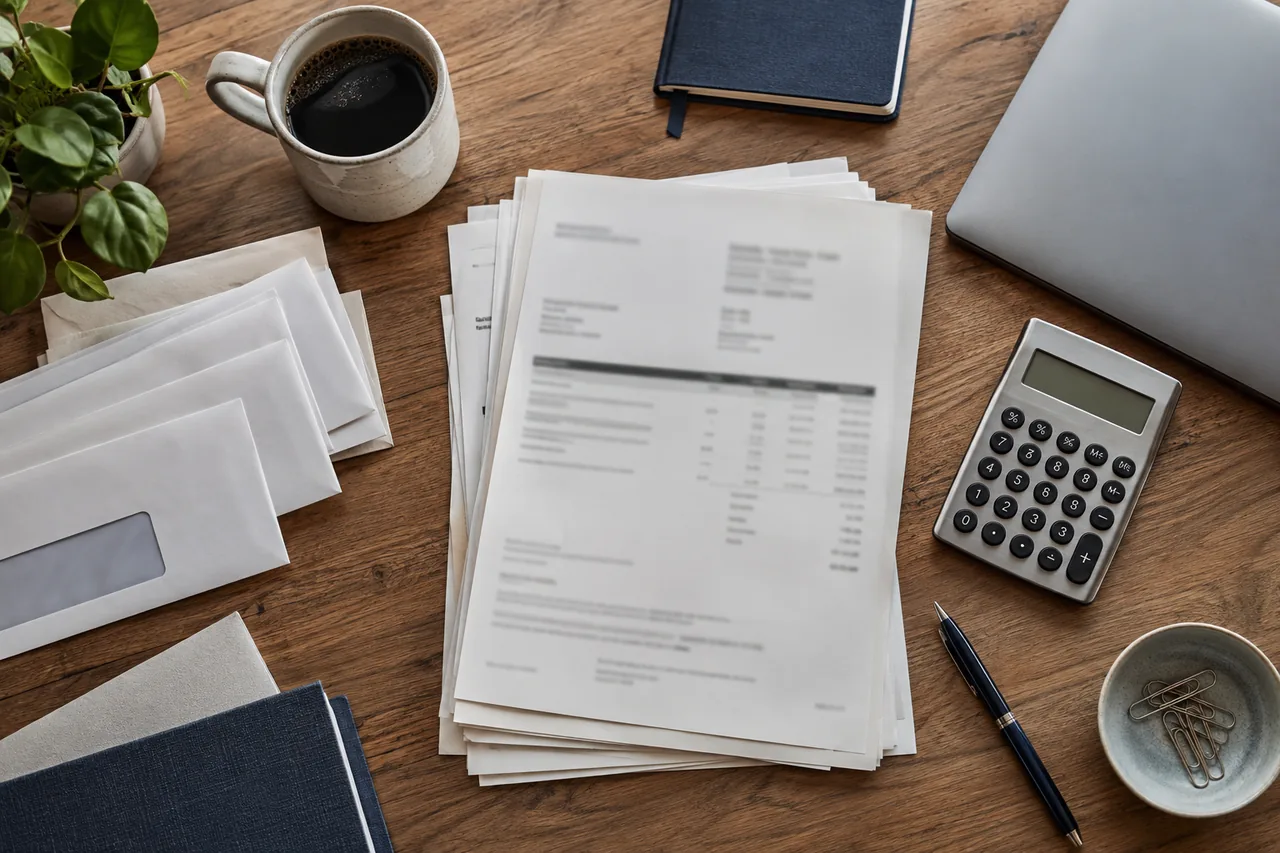 Illustratie van financiële documenten, enveloppen en een rekenmachine | ASK mobiele vernietiging Illustratie van financiële documenten, enveloppen en een rekenmachine