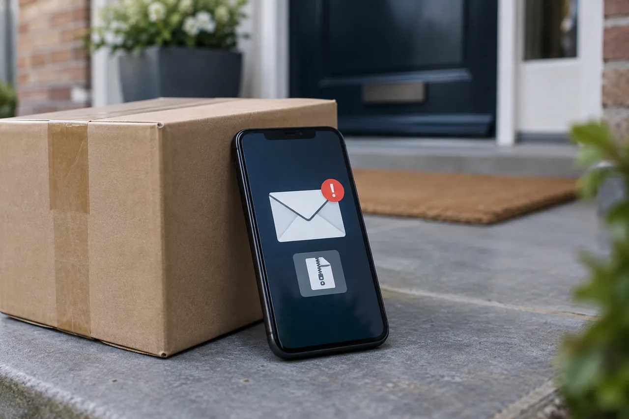 Illustratie van een pakket en een smartphone met een berichtmelding | ASK mobiele vernietiging Illustratie van een pakket en een smartphone met een berichtmelding