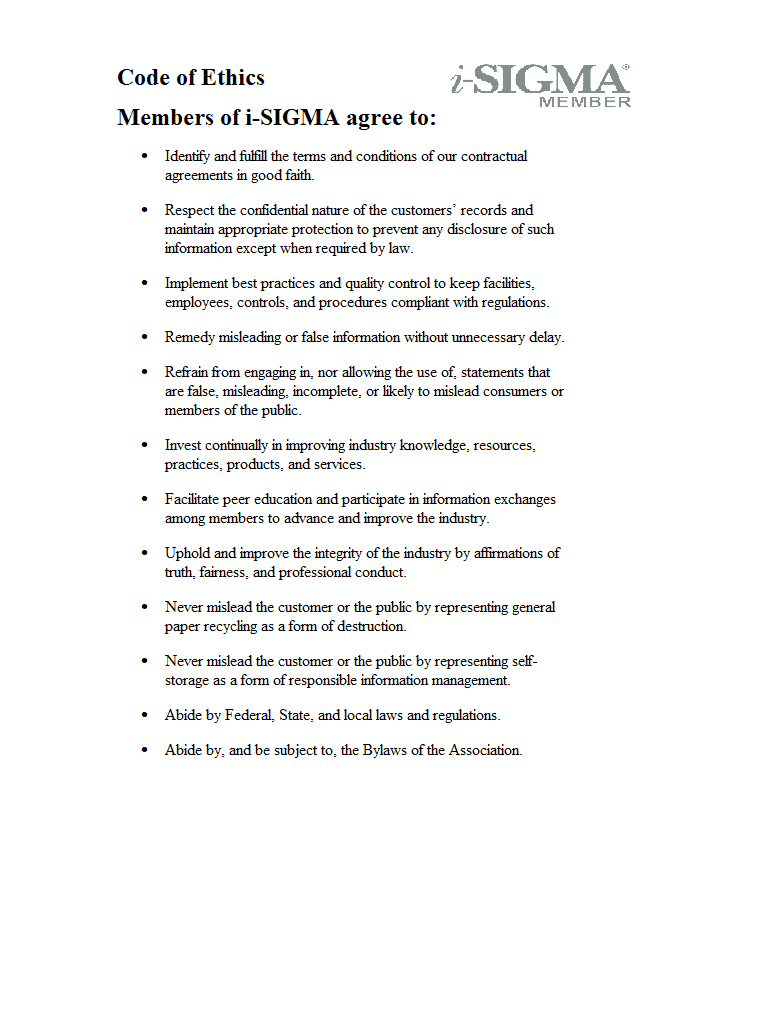Gedragscode voor leden van i-SIGMA | ASK mobiele vernietiging Code of ethics for i-SIGMA members
