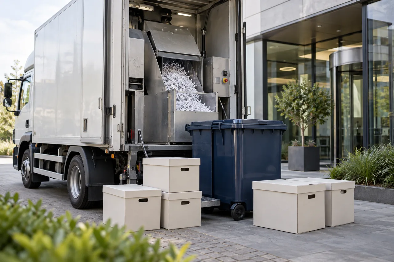 Illustratie van archiefdozen en papiercontainers bij een mobiele shredder