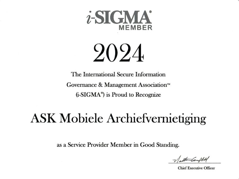 ASK Mobiele Archief en Data Vernietiging ontvangt opnieuw het I-Sigma Certificaat