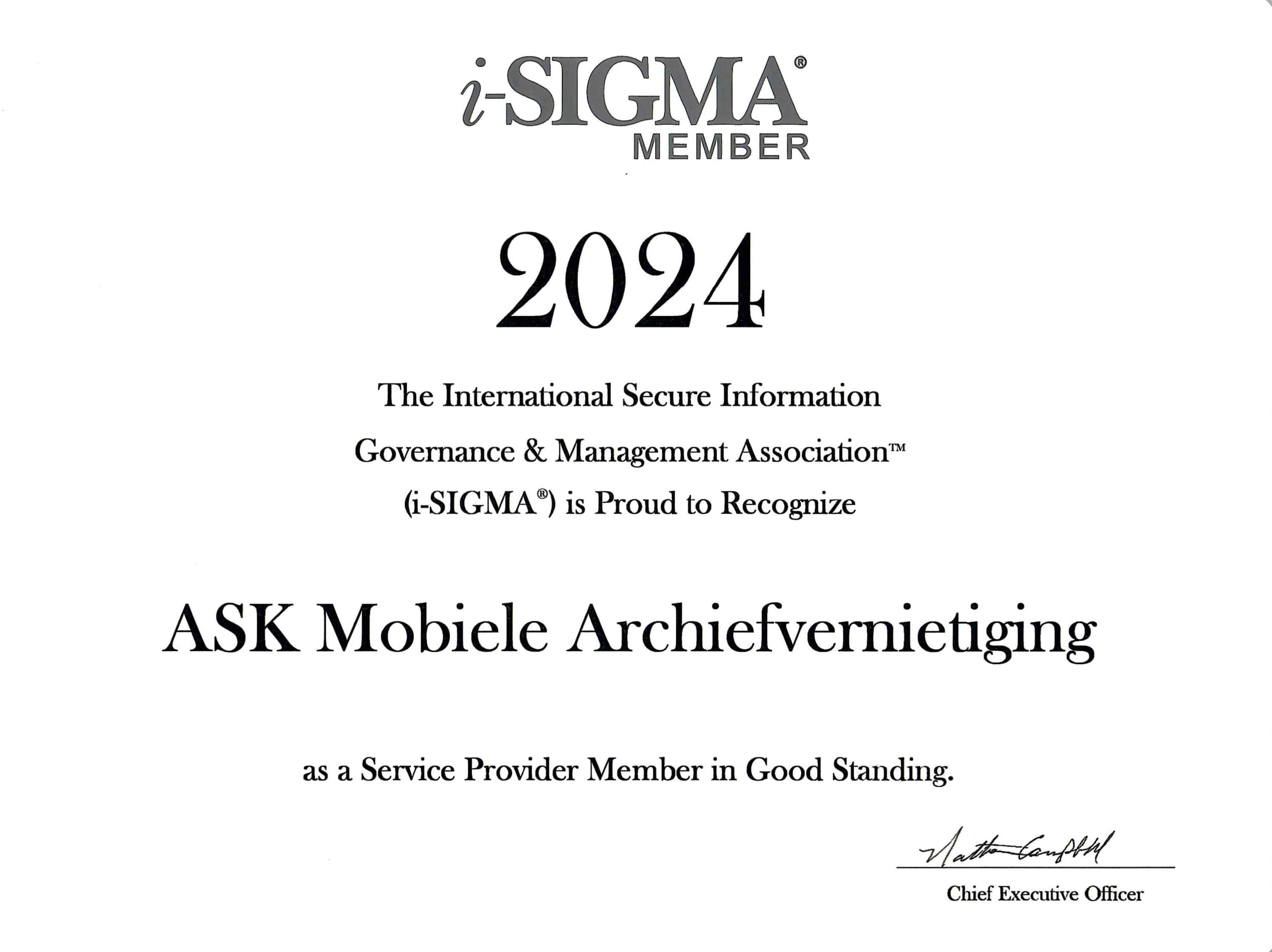 i-SIGMA-lidmaatschapscertificaat van ASK voor 2024 | ASK mobiele vernietiging i-SIGMA-lidmaatschapscertificaat van ASK voor 2024