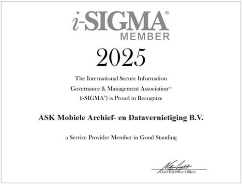 i-SIGMA-lidmaatschapscertificaat van ASK voor 2025 | ASK mobiele vernietiging i-SIGMA-lidmaatschapscertificaat van ASK voor 2025