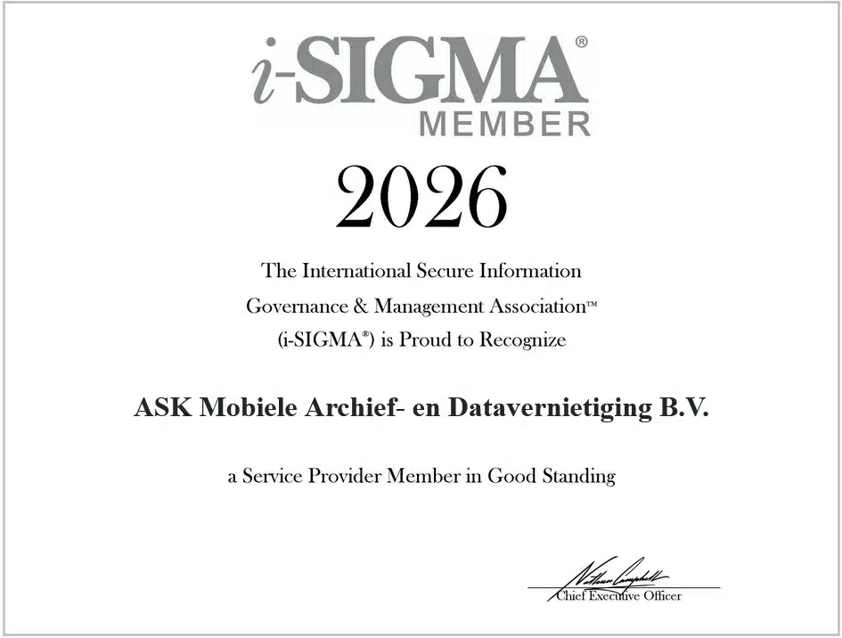 i-SIGMA-lidmaatschapscertificaat van ASK voor 2026 | ASK mobiele vernietiging ASK i-SIGMA membership certificate for 2026