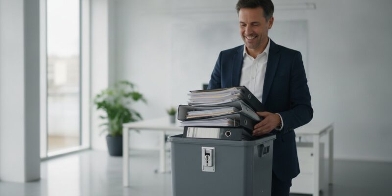 Smiling businessman in a navy suit stacks binders into a large gray storage bin in a bright office.