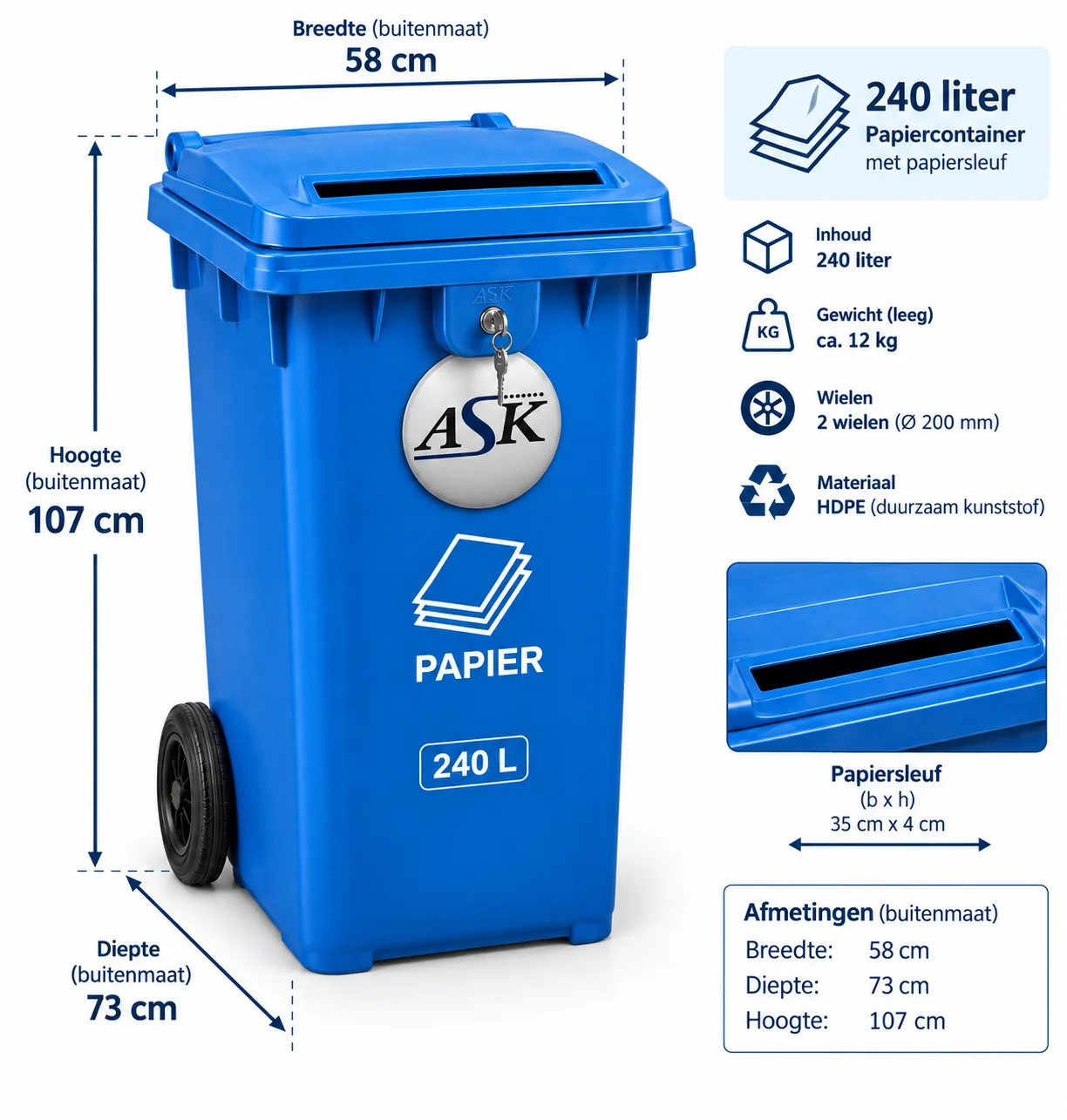 Blue 240-litre ASK paper bin with dimensions and paper slot