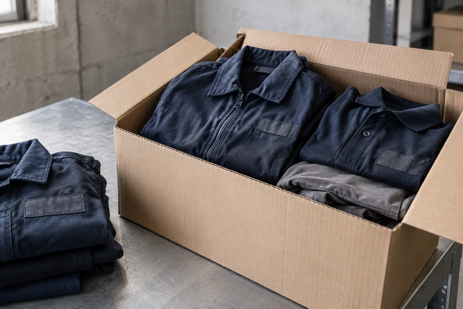 Box containing dark blue workwear