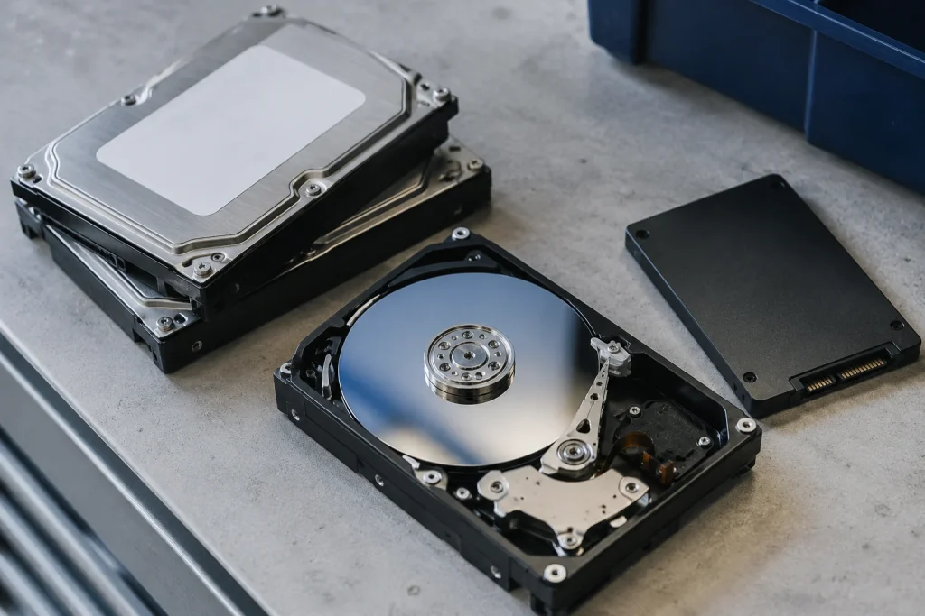 Open hard drive, stacked hard drives and an SSD