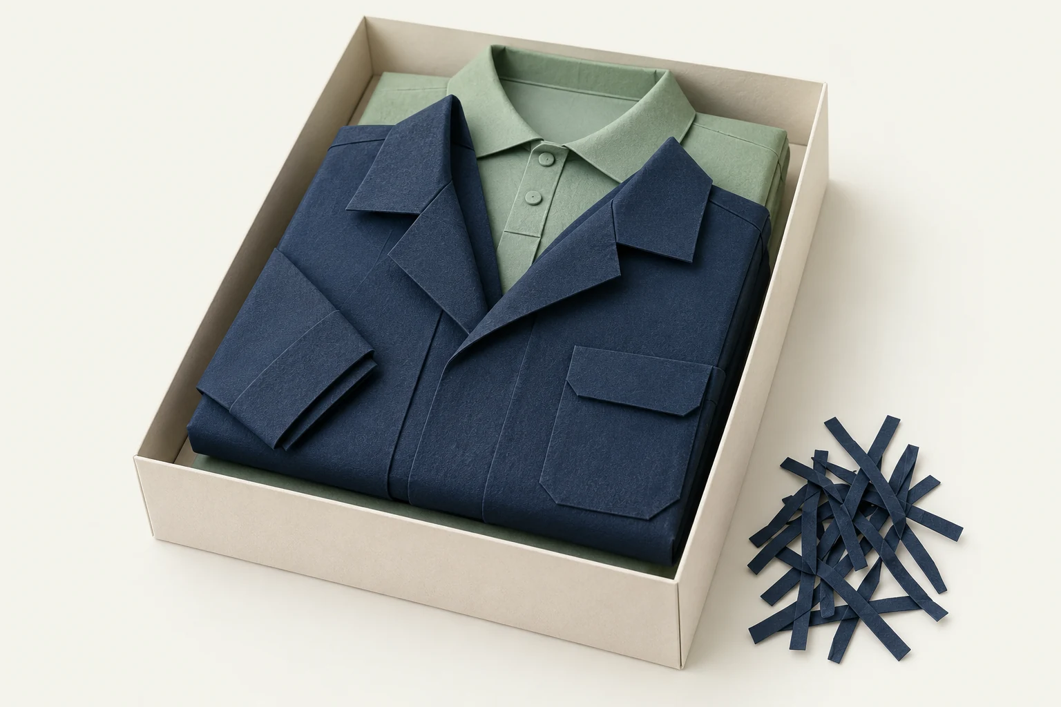 Illustration of workwear in a box with fabric shreds