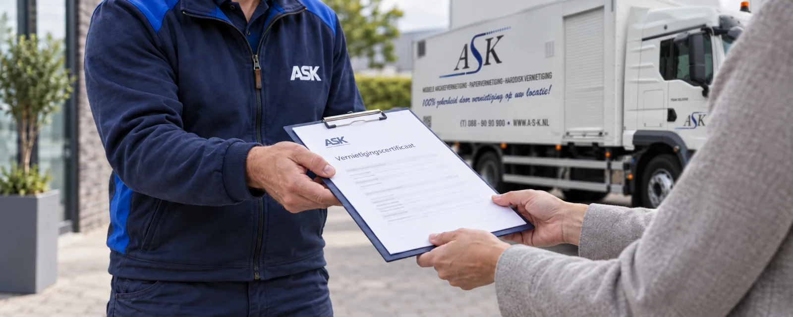 Illustratie van de overhandiging van een vernietigingscertificaat bij de ASK-vrachtwagen | ASK mobiele vernietiging Illustration of a destruction certificate being handed over beside the ASK truck