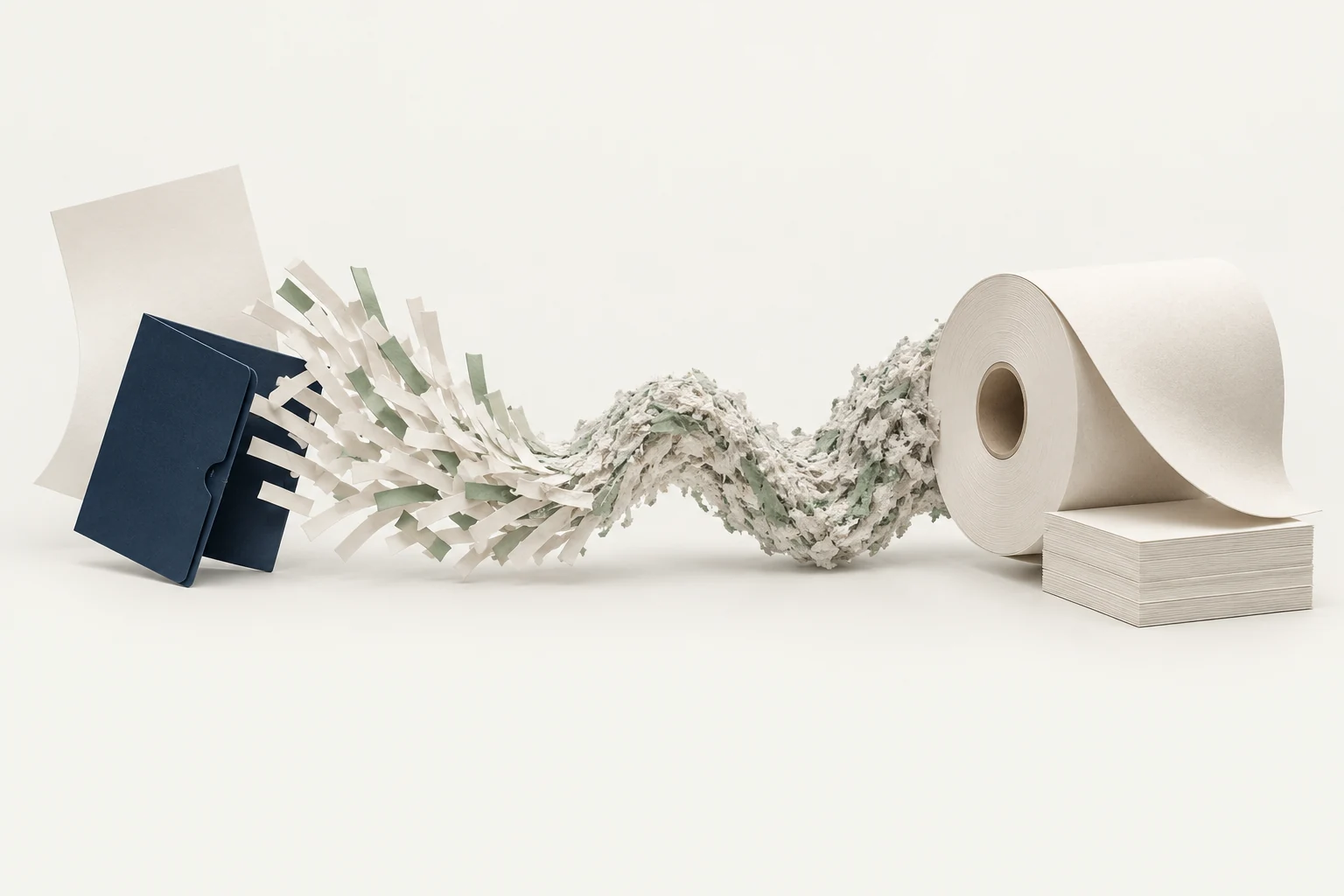 Illustration of paper recycling from a binder through shreds to a new paper roll