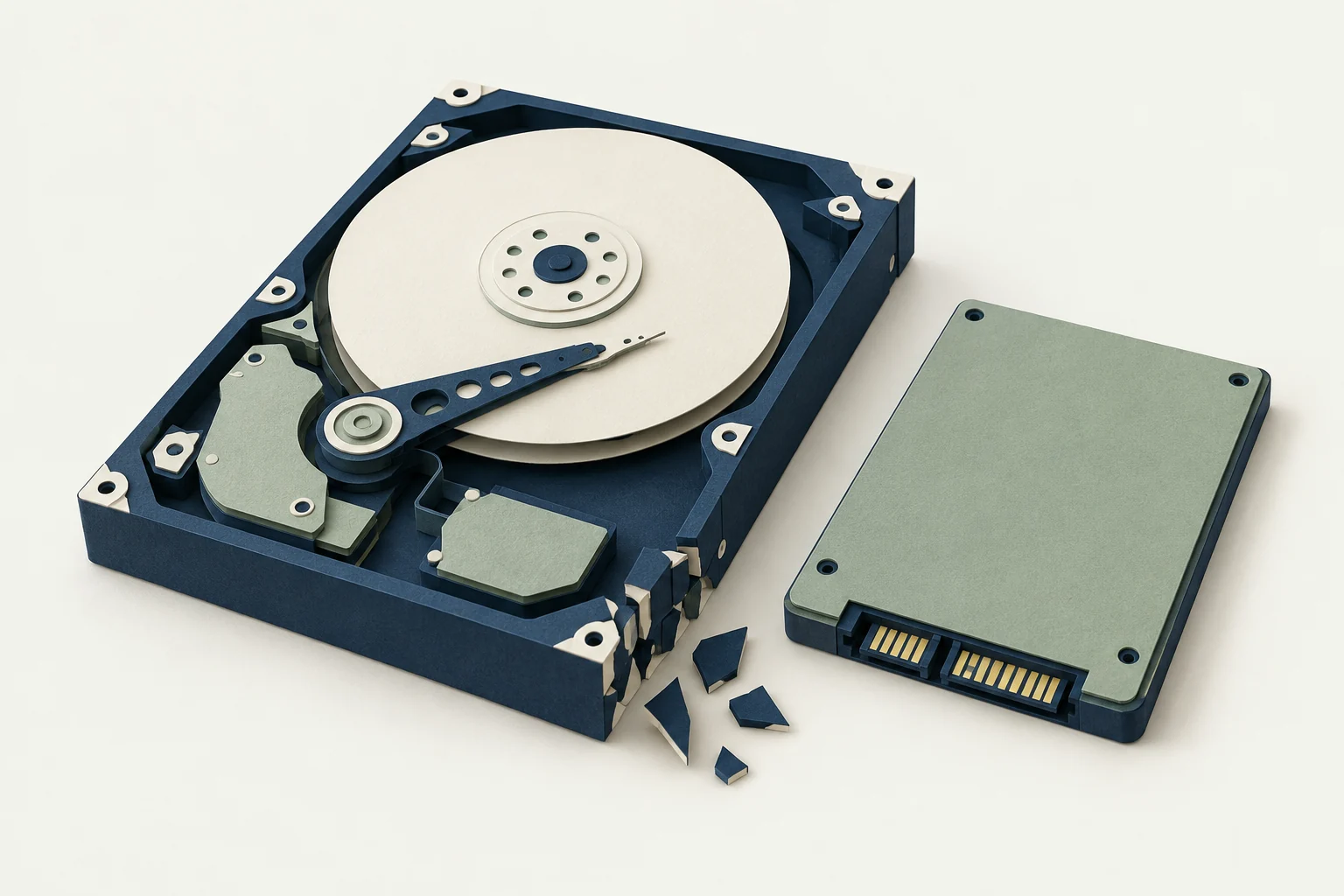 Illustration of an open hard drive and an SSD