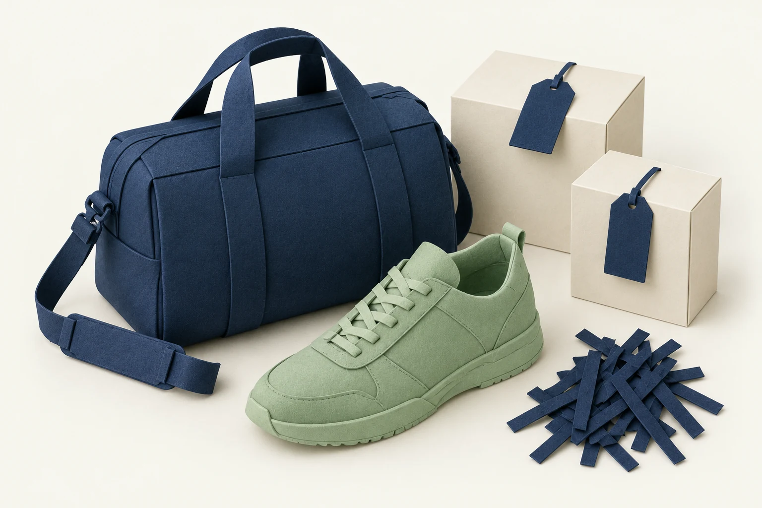 Illustration of a bag, shoe and product boxes with blank labels and shreds