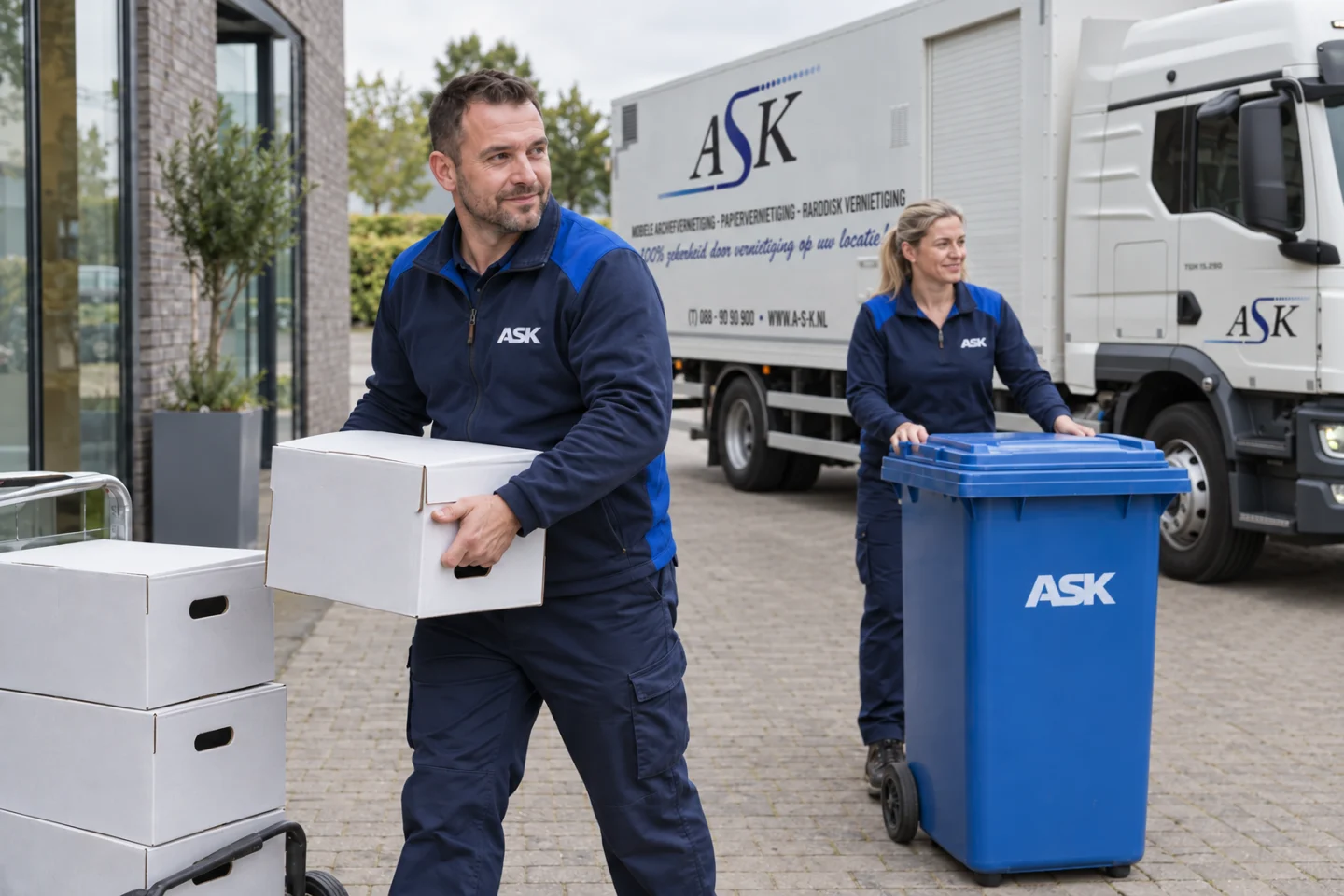 Illustration of staff with archive boxes and a paper bin beside the ASK truck