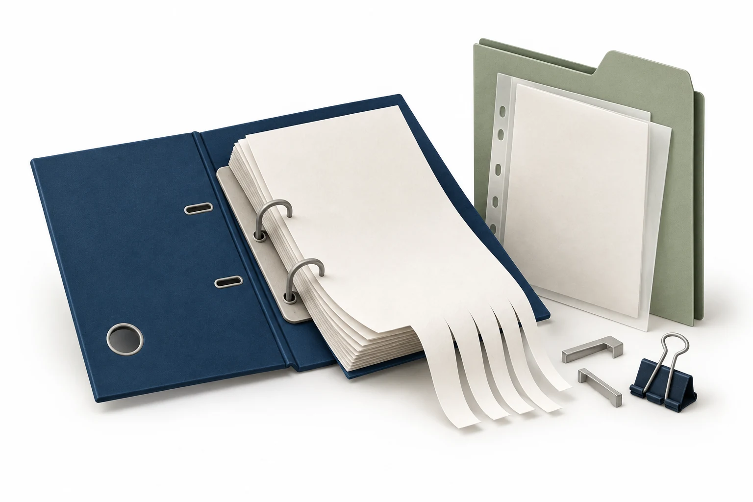 Illustration of binders, paper and staples being shredded together