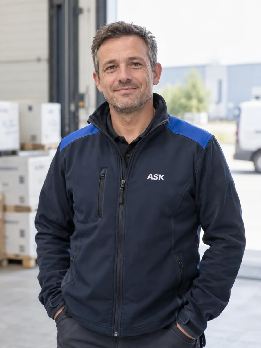 Illustrative portrait of a contact person in dark blue ASK workwear